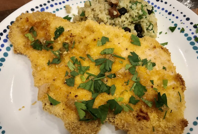Baked Crispy Schnitzel with Preserved Lemon Sauce and Bulgur Salad