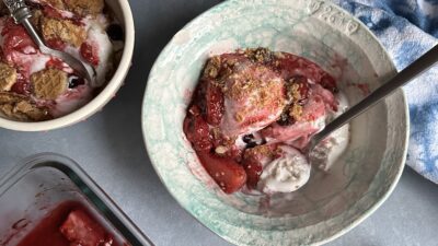 Roasted Fruit with Olive Oil and Ice Cream vertical