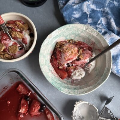 Roasted Fruit with Olive Oil and Ice Cream vertical