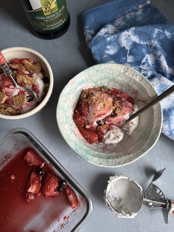 Roasted Fruit with Olive Oil and Ice Cream vertical