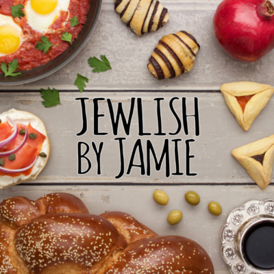 jewlish by jamie handwriting text over a table with meal ingredients scattered